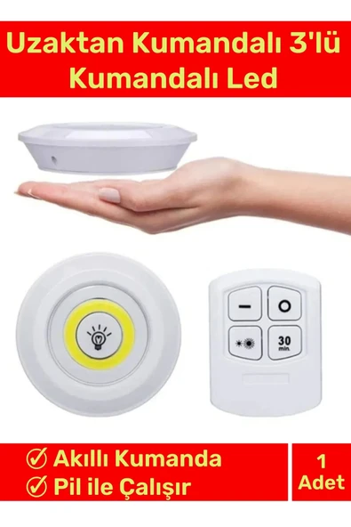 Deluxe Av Kamp Ev Okul Araba Otel Pilli Uzaktan Kumandalı Yapışkanlı Dayanıklı 3'Lü Led Spot 1 Adet