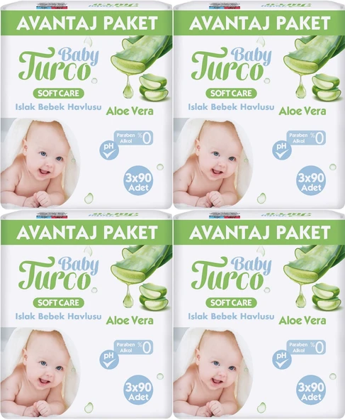 Baby Turco Islak Havlu Mendil Soft Care Aloe Vera 90 Yaprak (12 Li Set) (4PK*3) 1080 Yaprak