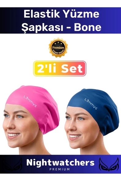 Deluxe Su Geçirmez Sızdırmaz Renkli Silikon Yüzücü Havuz Deniz Bone Elastik Yüzme Şapkası 2'li Set
