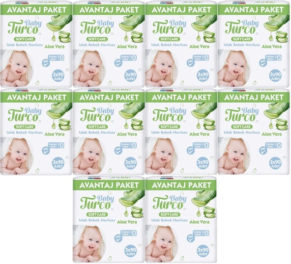 Baby Turco Islak Havlu Mendil Soft Care Aloe Vera 90 Yaprak (30 Lu Set) (10PK*3) 2700 Yaprak
