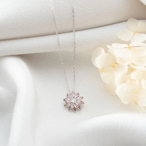 Vaoov 925 Ayar Gümüş Pembe Taşlı Lotus Hediye Kolye - Resim 2
