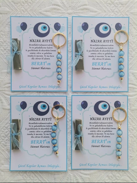 100 Adet Nazar Ayeti Mavi Anahtarlık ve Paketlenmiş Kına Sünnet Hatırası Dağıtmalık Hediyelik - Resim 3