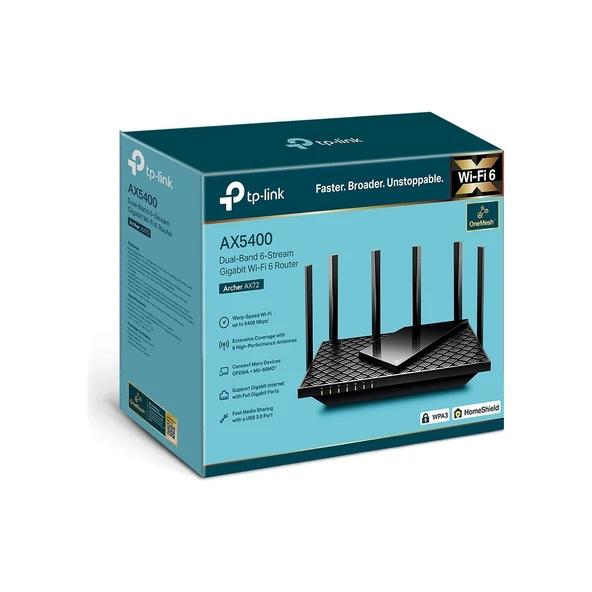 TP-Link Archer AX72, AX5400 Mbps, Fiber Destekli, 4×Gbps LAN Portlarıları, 100'den Fazla Cihazı Bağlayın,OFDMA ve MU-MIMO Destekli, Oyun için İdeal Xbox/PS/8K Yayın, Dual-Band Gigabit Wi-Fi 6 Router - 4