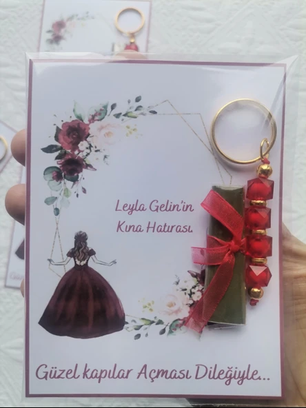 48 Adet Kişiye Özel Kına Hatırası Kırmızı Anahtarlık ve Paketlenmiş Kına Dağıtmalık Hediyelik - Resim 4