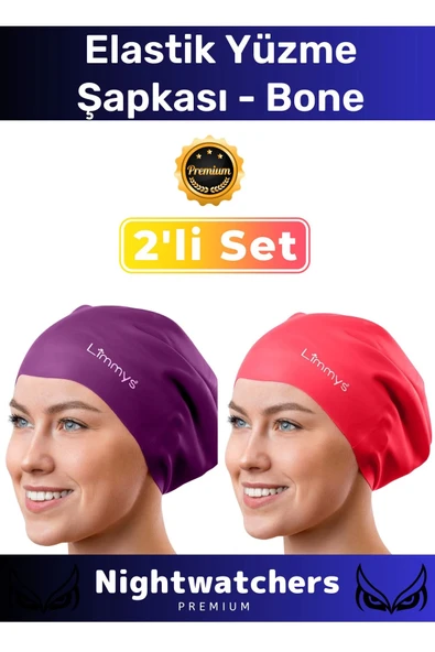 Deluxe Su Geçirmez Sızdırmaz Renkli Silikon Yüzücü Havuz Deniz Bone Elastik Yüzme Şapkası 2'li Set - 1