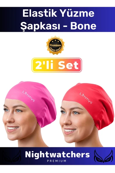Deluxe Su Geçirmez Sızdırmaz Renkli Silikon Yüzücü Havuz Deniz Bone Elastik Yüzme Şapkası 2'li Set