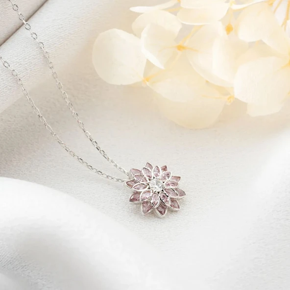 Vaoov 925 Ayar Gümüş Pembe Taşlı Lotus Hediye Kolye - Resim 4