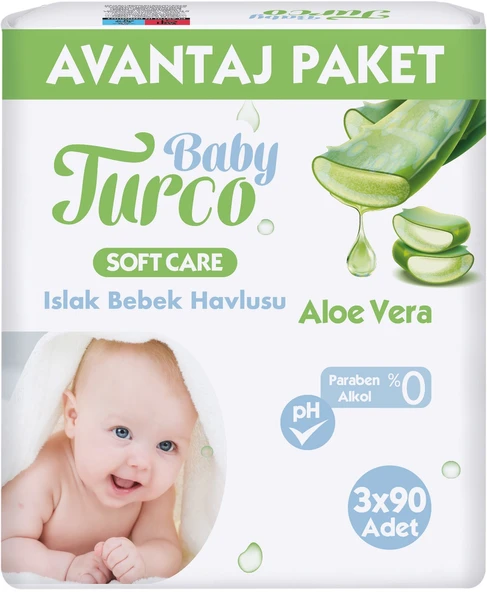 Baby Turco Islak Havlu Mendil Soft Care Aloe Vera 90 Yaprak (3 Lü Pk) 270 Yaprak Plastik Kapaklı