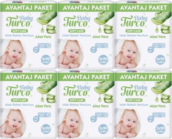 Baby Turco Islak Havlu Mendil Soft Care Aloe Vera 90 Yaprak (18 Li Set) (6PK*3) 1620 Yaprak