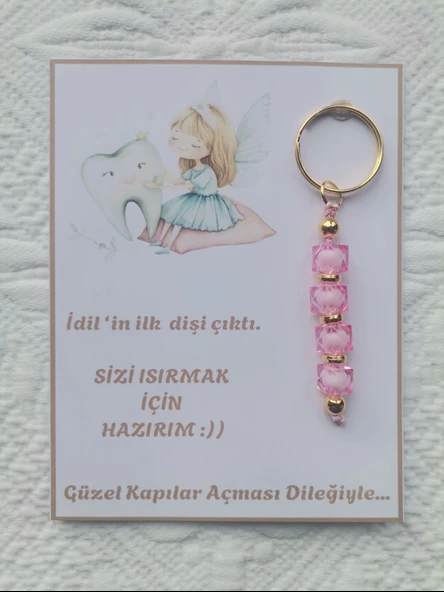 100 Adet Kişiye Özel İlk Dişim Çıktı,Diş Mevlidi, Diş Buğdayı Dağıtmalık Pembe Anahtarlık Hediyelik - Resim 2