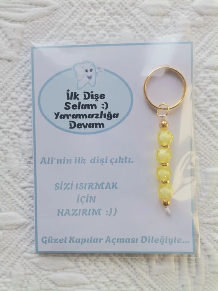 100 Adet Kişiye Özel İlk Dişim Çıktı,Diş Mevlidi, Diş Buğdayı Dağıtmalık Sarı Anahtarlık Hediyelik - 4