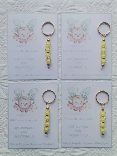 100 Adet İlk Dişim Çıktı,Sizi Isırmak İçin Hazırım Yazılı Dağıtmalık Sarı Anahtarlık Hediyelik - Resim 3