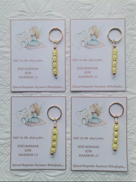 72 Adet Kişiye Özel İlk Dişim Çıktı,Diş Mevlidi, Diş Buğdayı Dağıtmalık Sarı Anahtarlık Hediyelik - 3