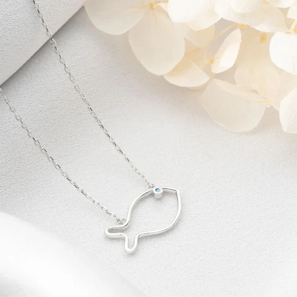 Vaoov 925 Ayar Gümüş Mavi Taşlı Minimalist Balık Kolye - Resim 4