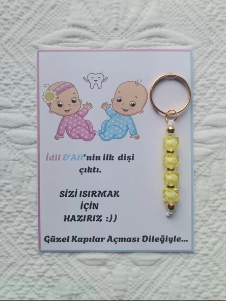 48 Adet İkizlere Özel İlk Dişim Çıktı,Diş Mevlidi, Diş Buğdayı Dağıtmalık Sarı Anahtarlık Hediyelik - 2