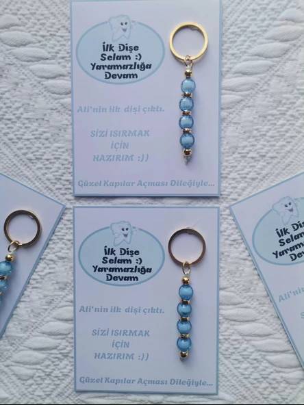 48 Adet Kişiye Özel İlk Dişim Çıktı,Diş Mevlidi, Diş Buğdayı Dağıtmalık Mavi Anahtarlık Hediyelik - Resim 3