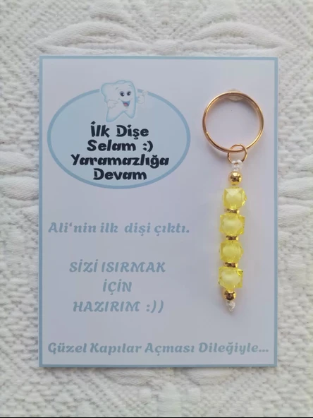 100 Adet Kişiye Özel İlk Dişim Çıktı,Diş Mevlidi, Diş Buğdayı Dağıtmalık Sarı Anahtarlık Hediyelik - 2
