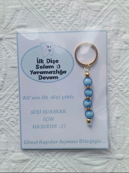100 Adet Kişiye Özel İlk Dişim Çıktı,Diş Mevlidi, Diş Buğdayı Dağıtmalık Mavi Anahtarlık Hediyelik - 5
