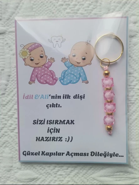 24 Adet İkizlere Özel İlk Dişim Çıktı,Diş Mevlidi, Diş Buğdayı Dağıtmalık Pembe Anahtarlık Hediyelik - 5