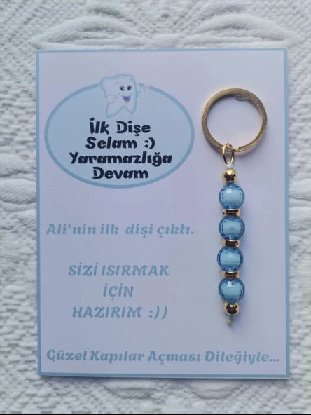 100 Adet Kişiye Özel İlk Dişim Çıktı,Diş Mevlidi, Diş Buğdayı Dağıtmalık Mavi Anahtarlık Hediyelik - 2