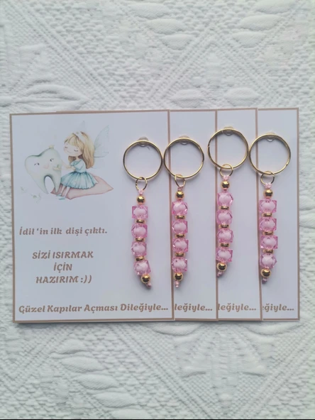 72 Adet Kişiye Özel İlk Dişim Çıktı,Diş Mevlidi, Diş Buğdayı Dağıtmalık Pembe Anahtarlık Hediyelik - 5