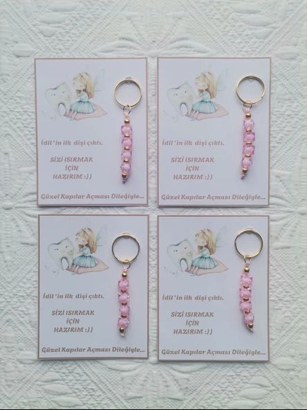 72 Adet Kişiye Özel İlk Dişim Çıktı,Diş Mevlidi, Diş Buğdayı Dağıtmalık Pembe Anahtarlık Hediyelik - 3