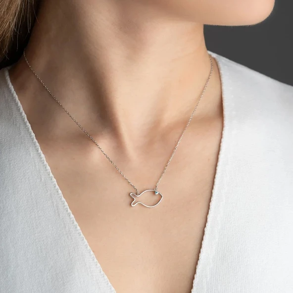 Vaoov 925 Ayar Gümüş Mavi Taşlı Minimalist Balık Kolye - Resim 3