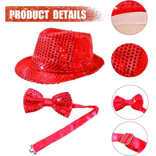 Periboia Kırmızı Payetli Şapka ve Papyon Seti – Parıltılı Yetişkin Kostüm Seti - 3