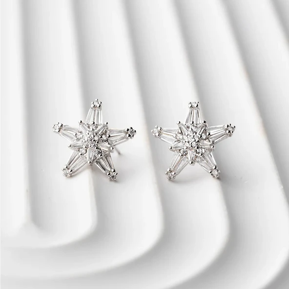 Vaoov 925 Ayar Gümüş Baget Taşlı Yıldız Küpe - Resim 3