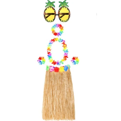 Periboia Hawaii Parti Kostüm Seti - 60 cm Hasır Etek, Çiçekli Aksesuarlar ve Ananas Gözlük