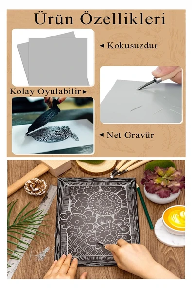 Linol Baskı Seti 1 Paket 35x50 cm Linolyum Tabaka Gri Linol Oyma Seti 5 Bıçaklı Rulo Fırça Mürekkep Linol Baskı Seti - Resim 5