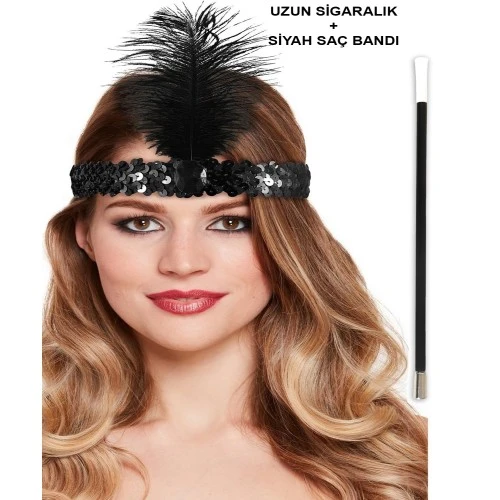 Periboia Siyah Retro Charliston Saç Bandı & Sigaralık - Resim 3