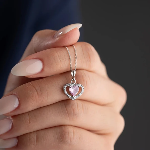 Vaoov 925 Ayar Gümüş Pembe Zirkon Taşlı Kalp Hediye Kolye - 3
