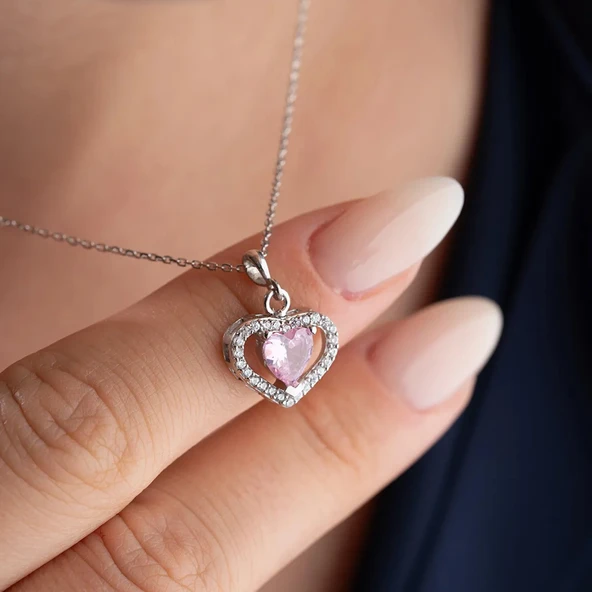 Vaoov 925 Ayar Gümüş Pembe Zirkon Taşlı Kalp Hediye Kolye