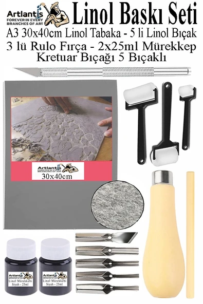 Linol Baskı Seti 1 Paket A3 30x40 Linolyum Tabaka Gri Kretuar Linol Oyma Seti 5 Bıçaklı Rulo Fırça Mürekkep Linol Baskı