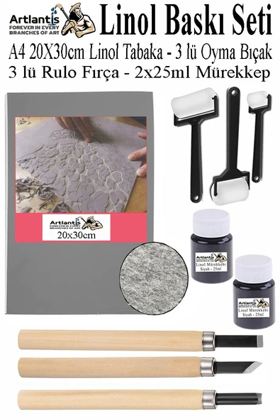 Linol Baskı Seti 1 Paket A4 20x30 Linolyum Tabaka Gri Linol Oyma Seti 3 Bıçaklı Rulo Fırça Mürekkep Linol Baskı Seti