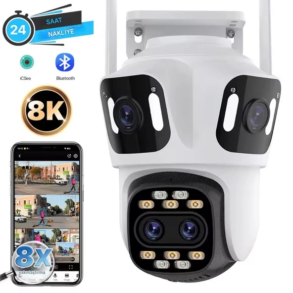 8K 16MP 8X Zoom Dış Mekan Kablosuz 360 IP Kamera PTZ 3 Kameralı Dört Lensli Wi-Fi Kamera CMR60 - 8