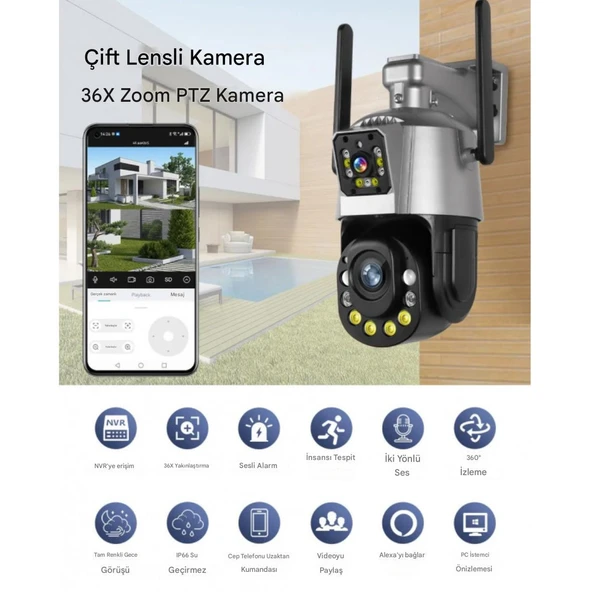 36x Optik Zoomlu Hareket Sensörlü Su Geçirmez Ev, Ofis, Fabrika Dükan Bahçe Güvenlik Kamerası - 5