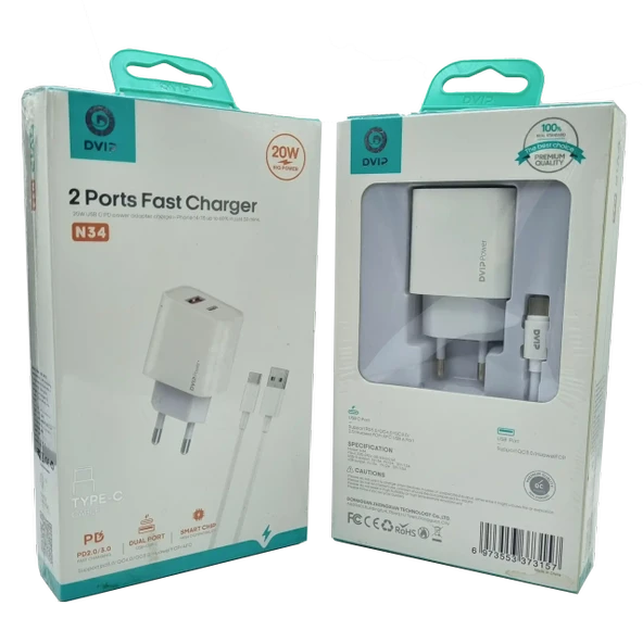 20W + 18W PD Çift Girişli Şarj Seti Usb Type-C DVIP N34 ürün görseli
