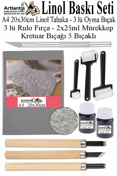 Linol Baskı Seti 1 Paket A4 20x30 Linolyum Tabaka Gri Linol Oyma Seti 3 Bıçaklı Kretuar Rulo Fırça Mürekkep Linol Baskı