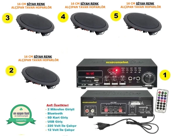 SİYAH RENK TAVAN HOPARLÖR SETİ (1 Adet Anfi + 4 Adet 16 cm Siyah Renk Tavan Hoparlör)