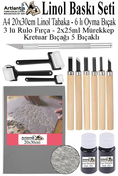 Linol Baskı Seti 1 Paket A4 20x30 Linolyum Tabaka Gri Linol Oyma Seti 6 Bıçaklı Kretuar Rulo Fırça Mürekkep Linol Baskı