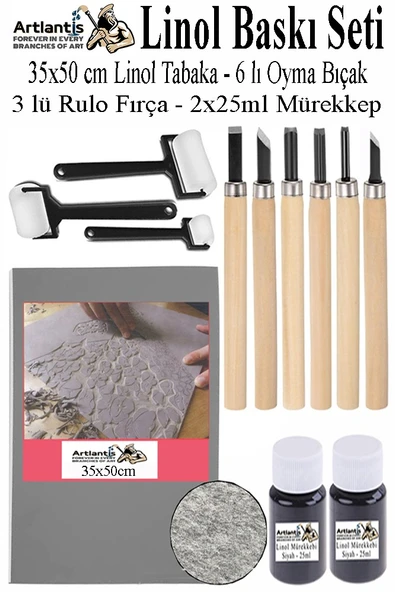 Linol Baskı Seti 1 Paket 35 x 50 cm Linolyum Tabaka Gri Linol Oyma Seti 6 Bıçaklı Rulo Fırça Mürekkep Linol Baskı Seti - 1