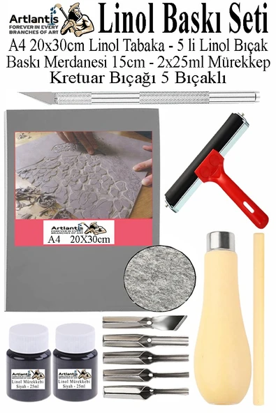 Linol Baskı Seti 1 Paket A4 20x30 Linolyum Tabaka Gri Linol Merdane Oyma Seti 5 Bıçaklı Rulo Fırça Mürekkep Linol Baskı