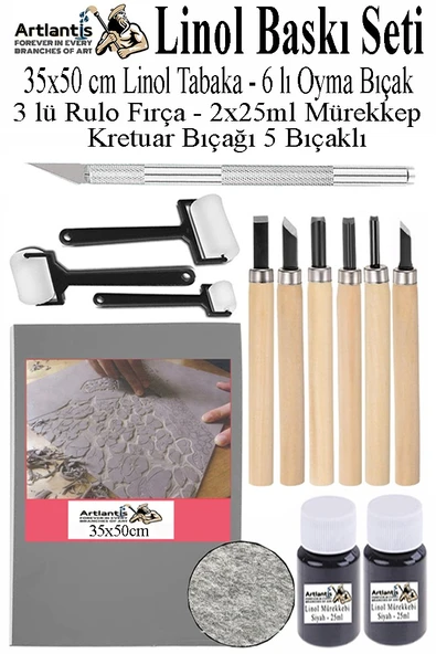 Linol Baskı Seti 1 Paket 35x50 cm Linolyum Tabaka Gri Linol Oyma Seti 6 Bıçaklı Kretuar Rulo Fırça Mürekkep Linol Baskı