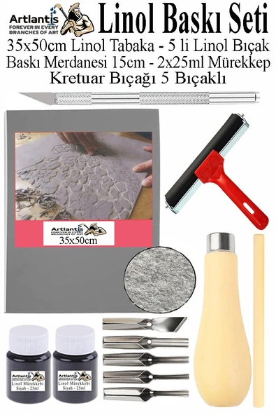 Linol Baskı Seti 1 Paket 35x50 cm Linolyum Tabaka Gri Linol Merdane Oyma Seti 5 Bıçaklı Rulo Fırça Mürekkep Linol Baskı