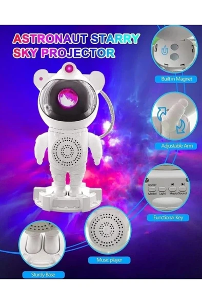 Astronot Bluetooth Hoparlör Galaxy Bulutsusu Ay Tavan Gökyüzü Projektör Zamanlayıcı Gece Lambası - 4