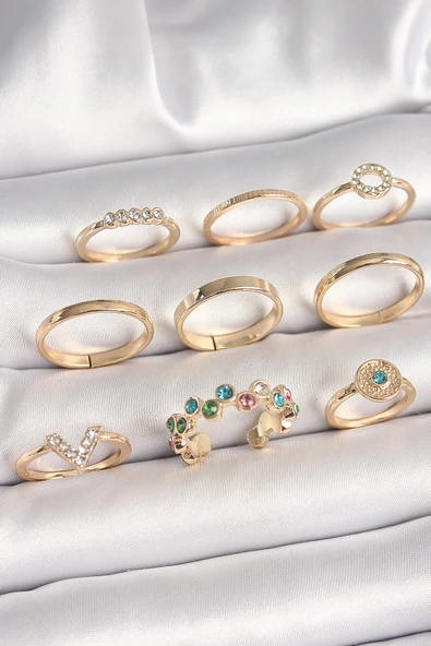 Pirinç Gold Renk Renkli Zirkon Taşlı Kadın Yüzük Kombini - TJ-BYK3668
