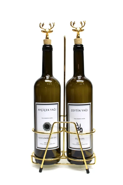 Jenisa 2 Adet Geyik Figürlü Akıtmaz Mantar Tıpalı 750ml Yağlık Yağdanlık Ve Altın Kaplamalı Stant - Resim 3