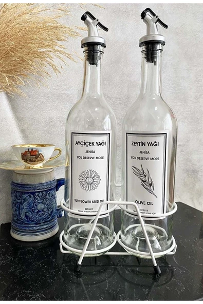 Jenisa Beyaz Standlı Akıtıcılı Şeffaf 750 Ml Beyaz Etiketli Yağlık Yağdanlık - 5